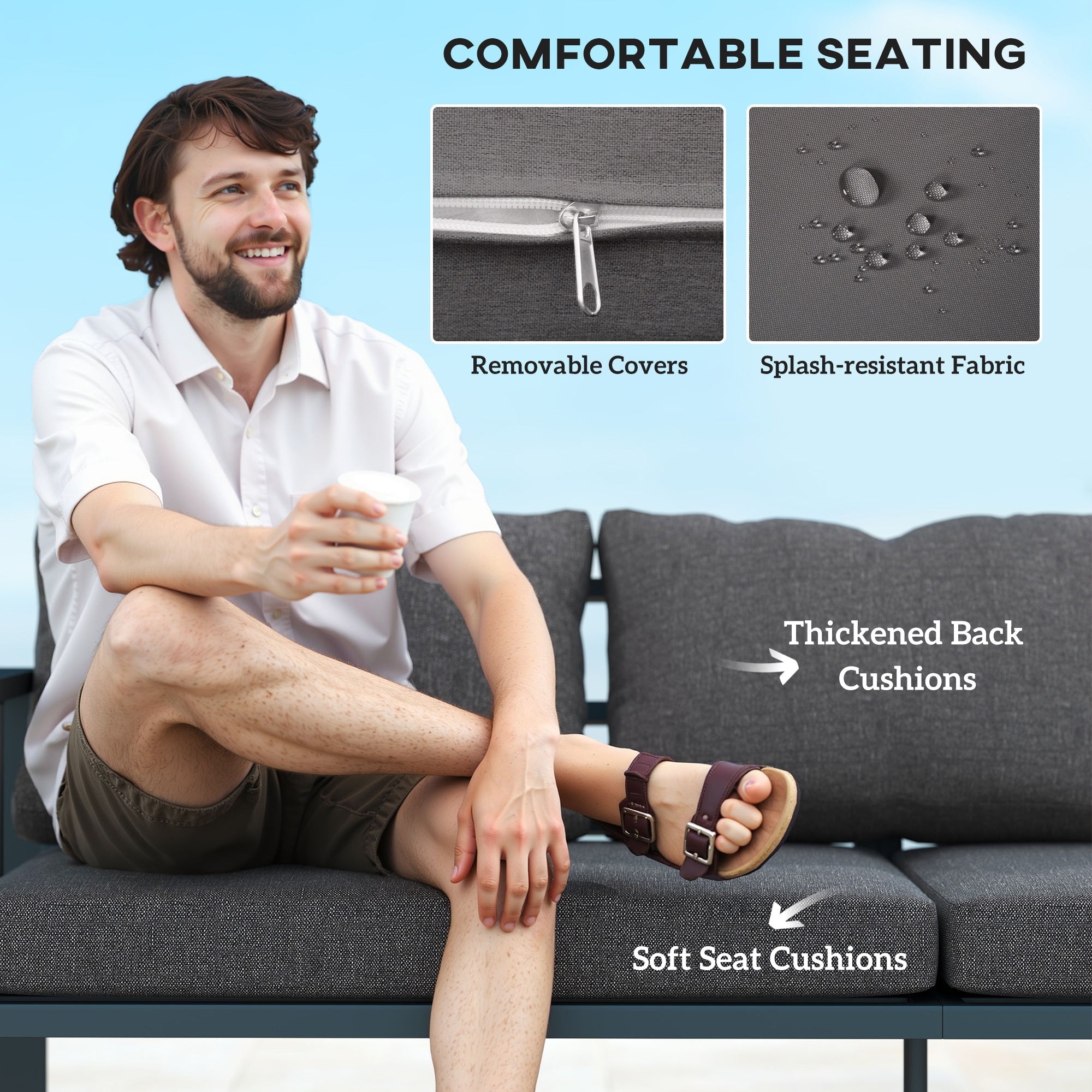 Outsunny 3-Seat Aluminum Outdoor Couch Patio Sofa with Cushions, Wide Seat, Armrests for Garden, Backyard, Balcony, Dark Grey