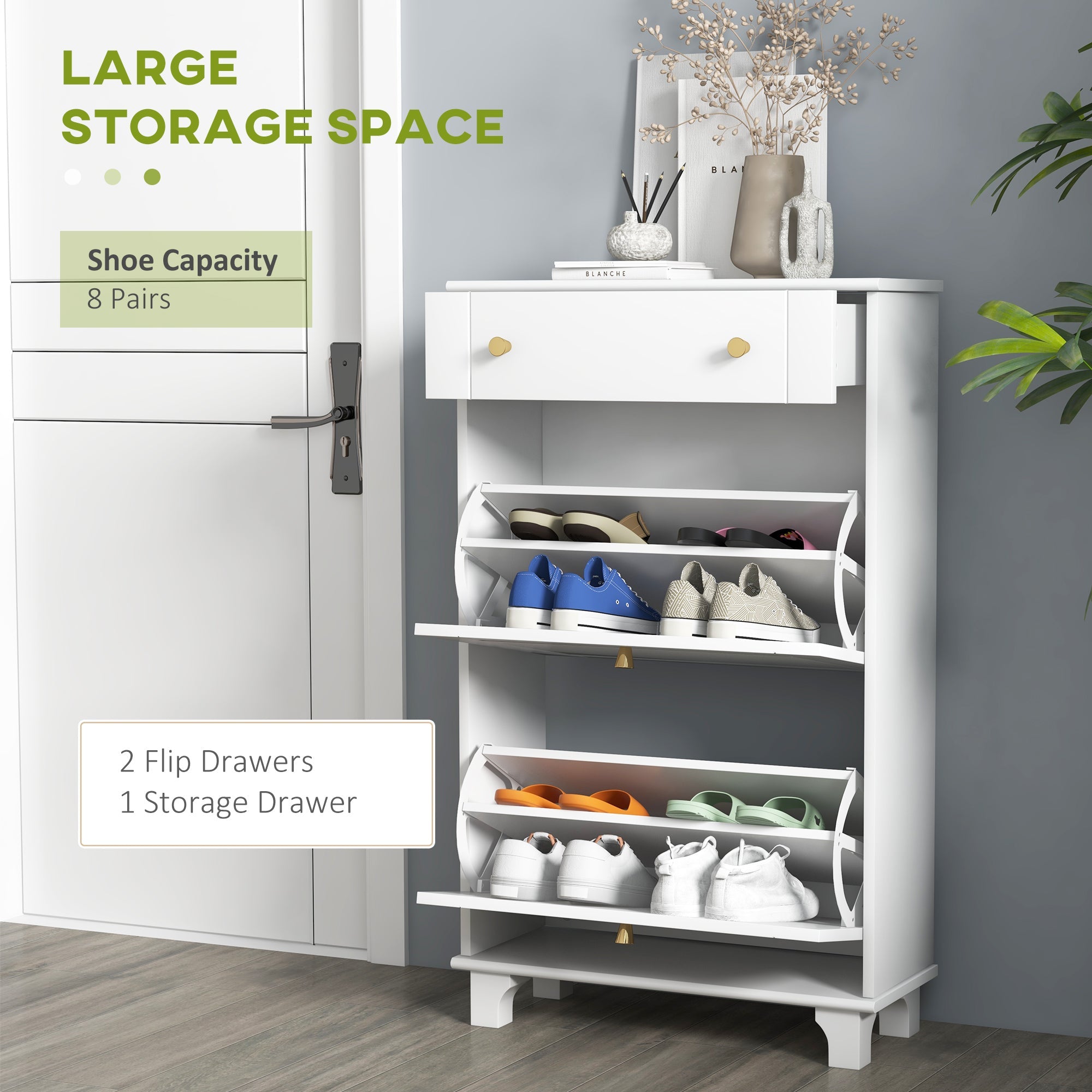 HOMCOM Compact Slim Shoe Storage 2 Flip Drawers Adjustable Shelves for 8 Pairs White Shoe Cabinet Organizer for Entryway