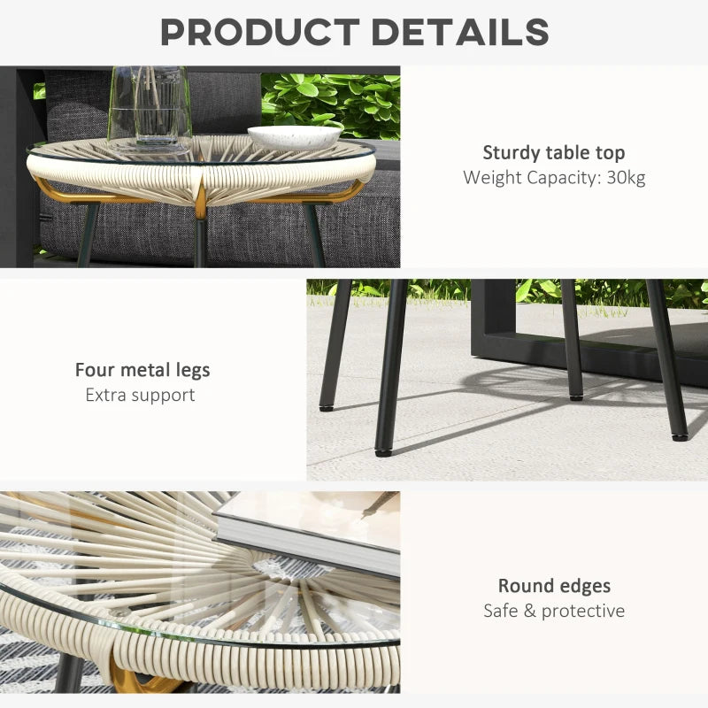 Rattan Side Table, Round Outdoor Table, with Round PE Rattan and Tempered Glass Table Top for Patio, Garden, Cream White