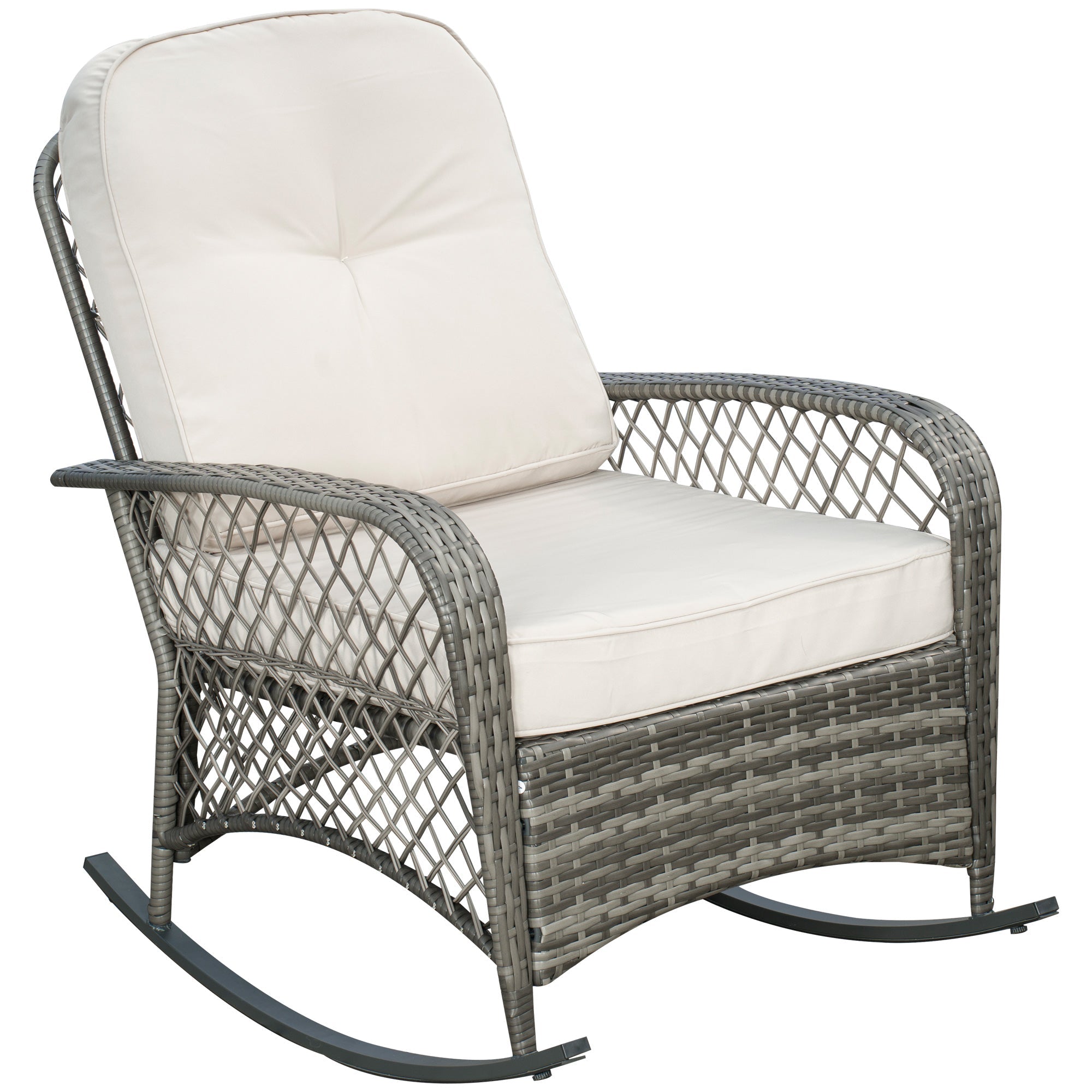 Outsunny PE Rattan Rocking Chair Outdoor Patio Wicker Recliner with Soft Cushion for Garden Backyard Porch Khaki