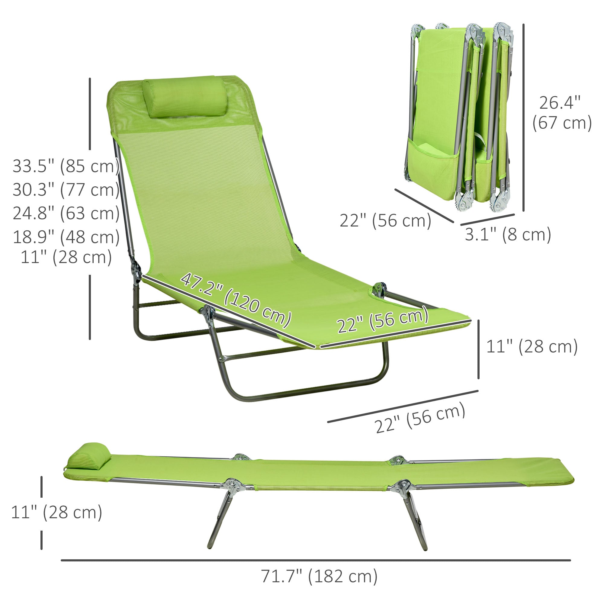 Outsunny Folding Chaise Lounge Chairs Set of 2 Outdoor Poolside Sun Tanning Green with Pillow Reclining Backrest