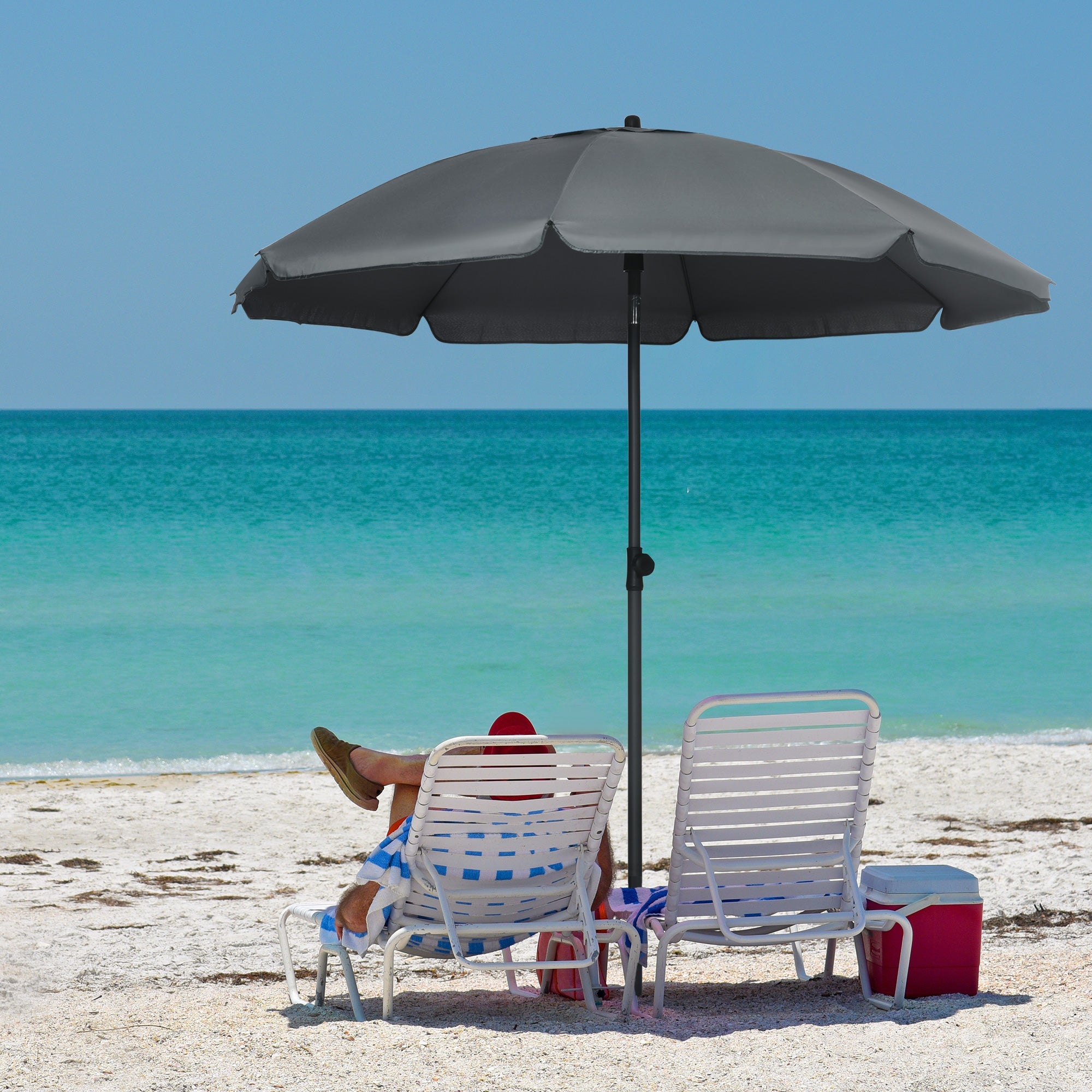 Outsunny 6FT Beach Umbrella Shade: UV50+ Vented Canopy Push Button Tilt Ruffled Dark Grey