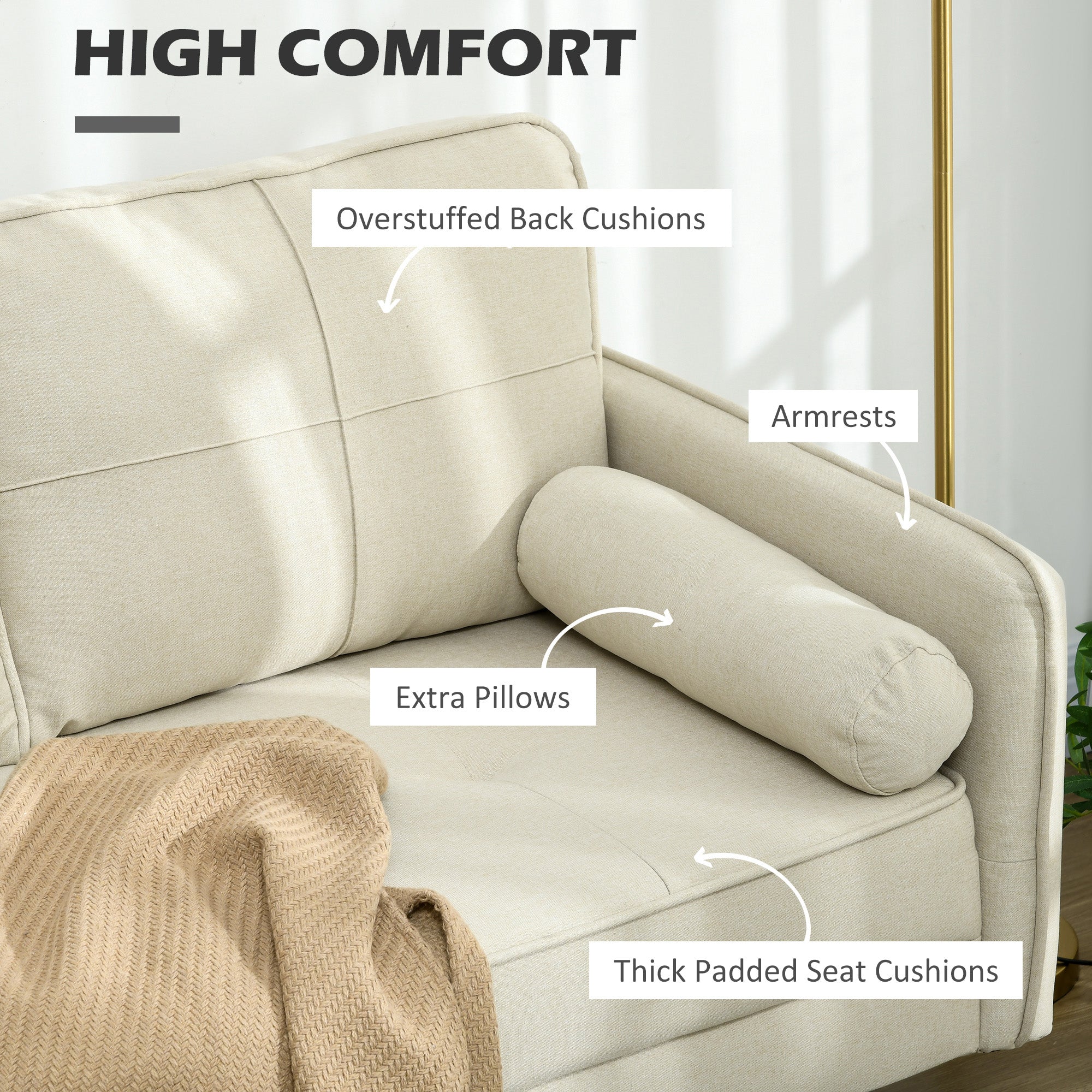 HOMCOM 56" Loveseat Sofa Beige Upholstered 2 Seater Couch with Back Cushions for Bedroom Comfortable