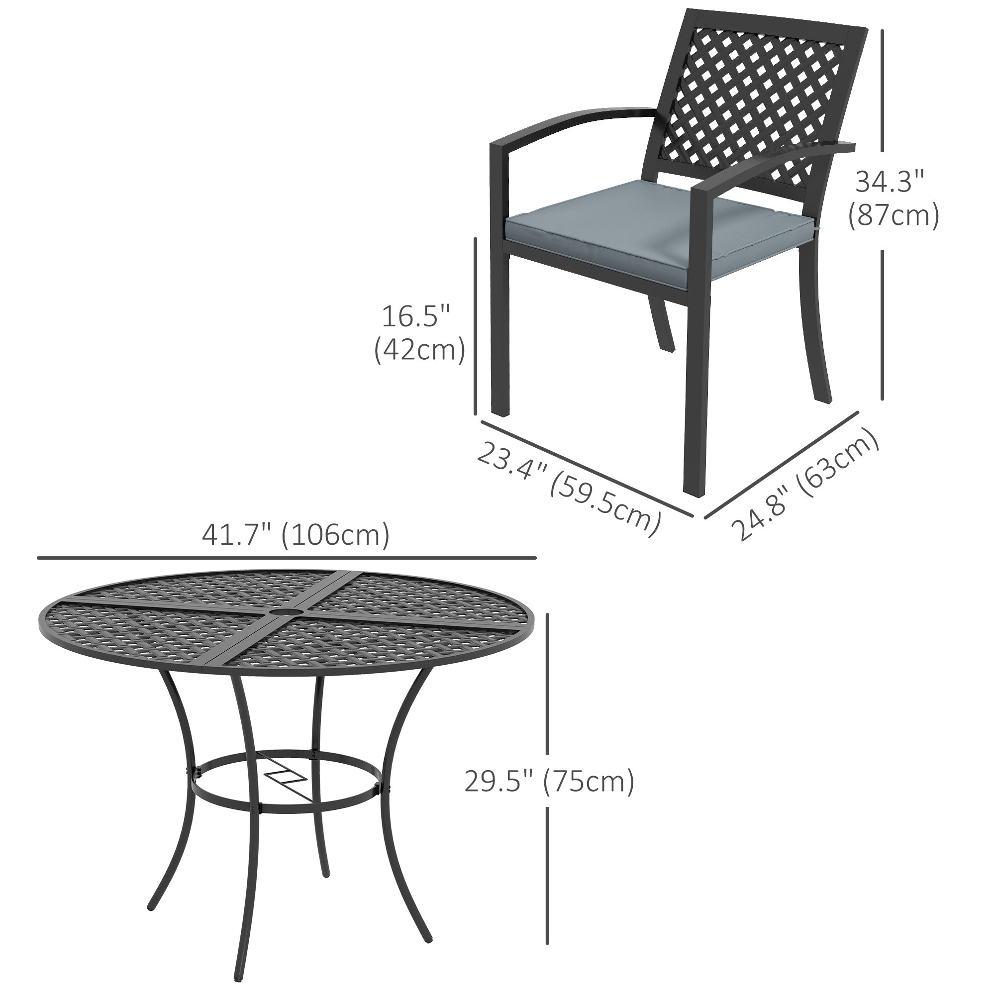 Outsunny 5-Piece Outdoor Dining Set with 4 Stackable Cushioned Armchairs,Umbrella Hole Metal Plate Table, for Deck Grey