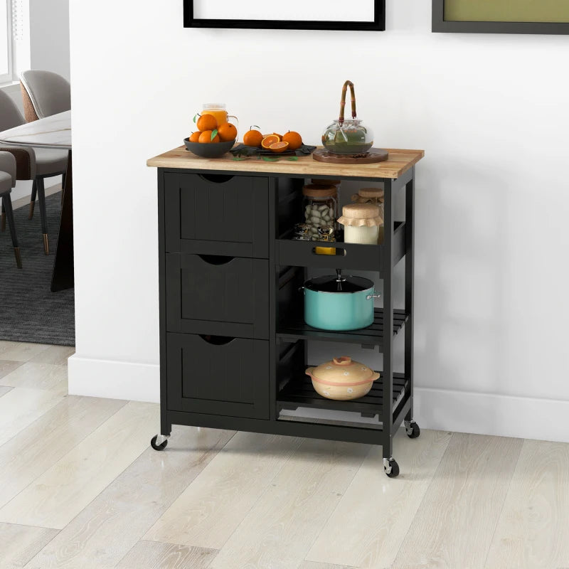Kitchen Cart on Wheels, Rolling Kitchen Island Cart with Wood Top, 3 Drawers and Shelves for Home Dining Area, Black