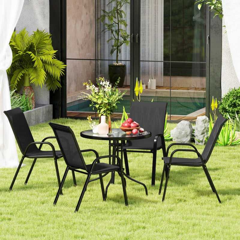 Five-Piece Steel Patio Set, with Glass-Top Table - Black