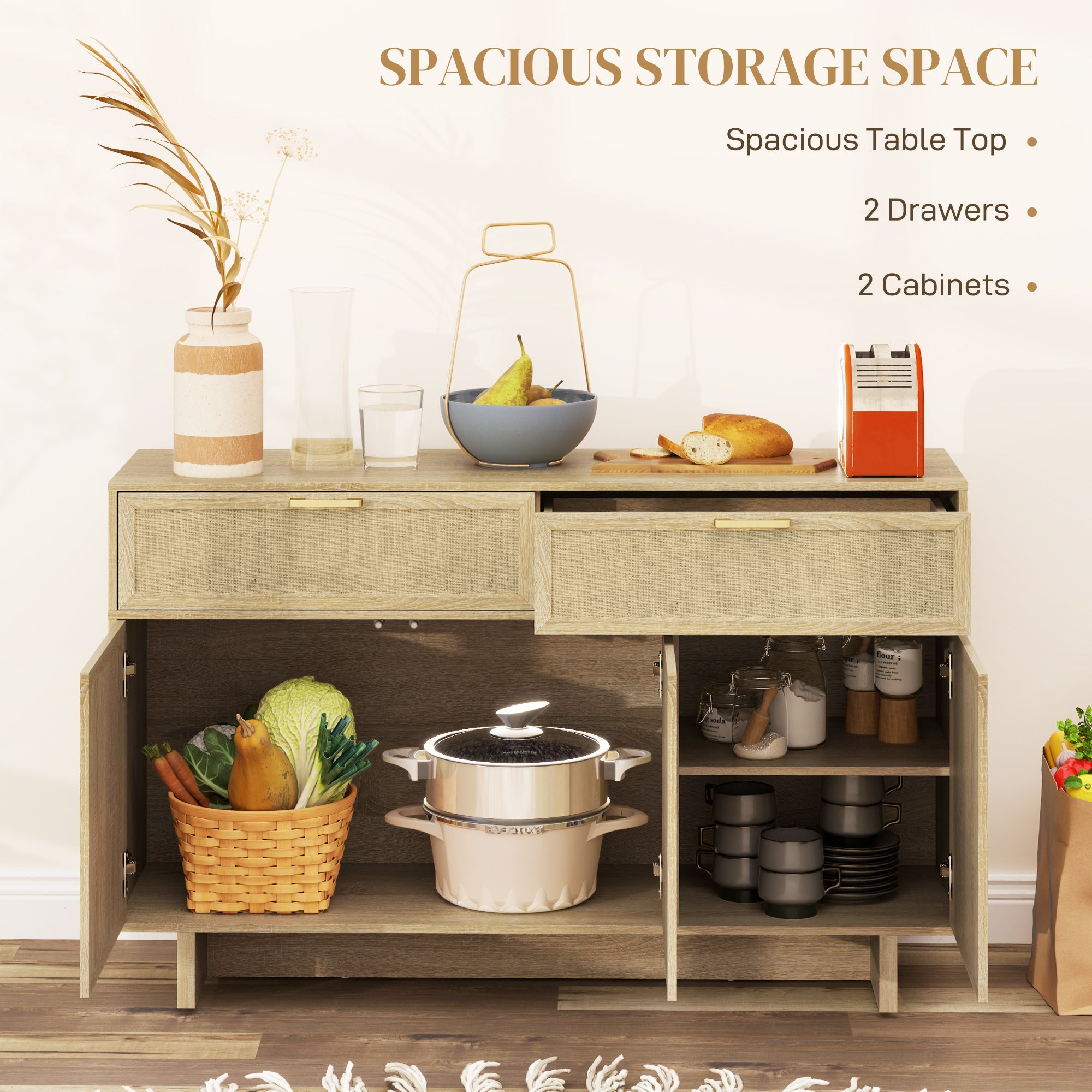 HOMCOM Boho Kitchen Sideboard Buffet Cabinet with Hinge Doors, Drawers and Adjustable Shelf for Living Room, Natural Wood