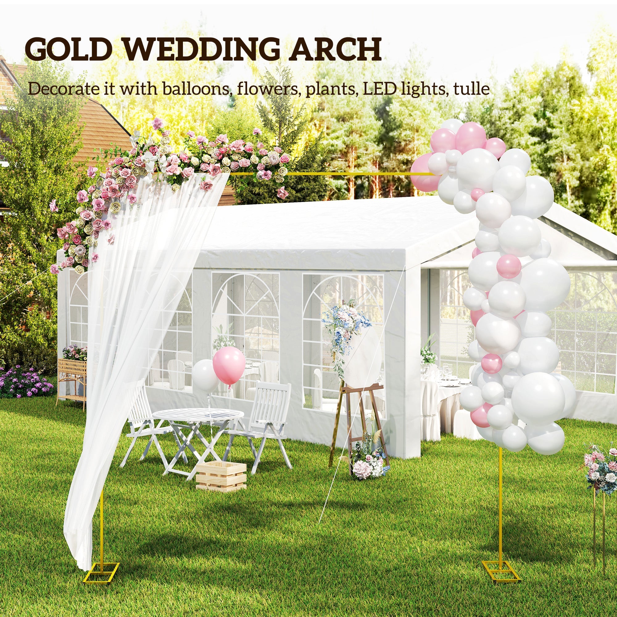 Outsunny Wedding Arch Backdrop Stand, Metal Garden Balloon Arch Stand for Birthday Party, Bridal Shower, Graduation, Ceremony, Banquet Decorations, Gold