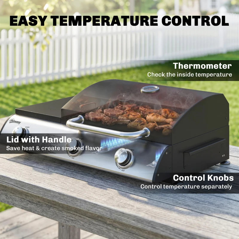 Outsunny 3 Burner Portable Propane Gas Grill Griddle, Tabletop Grill & Griddle Combo with Adjustable Foot Pads, 28,500 BTU, Black