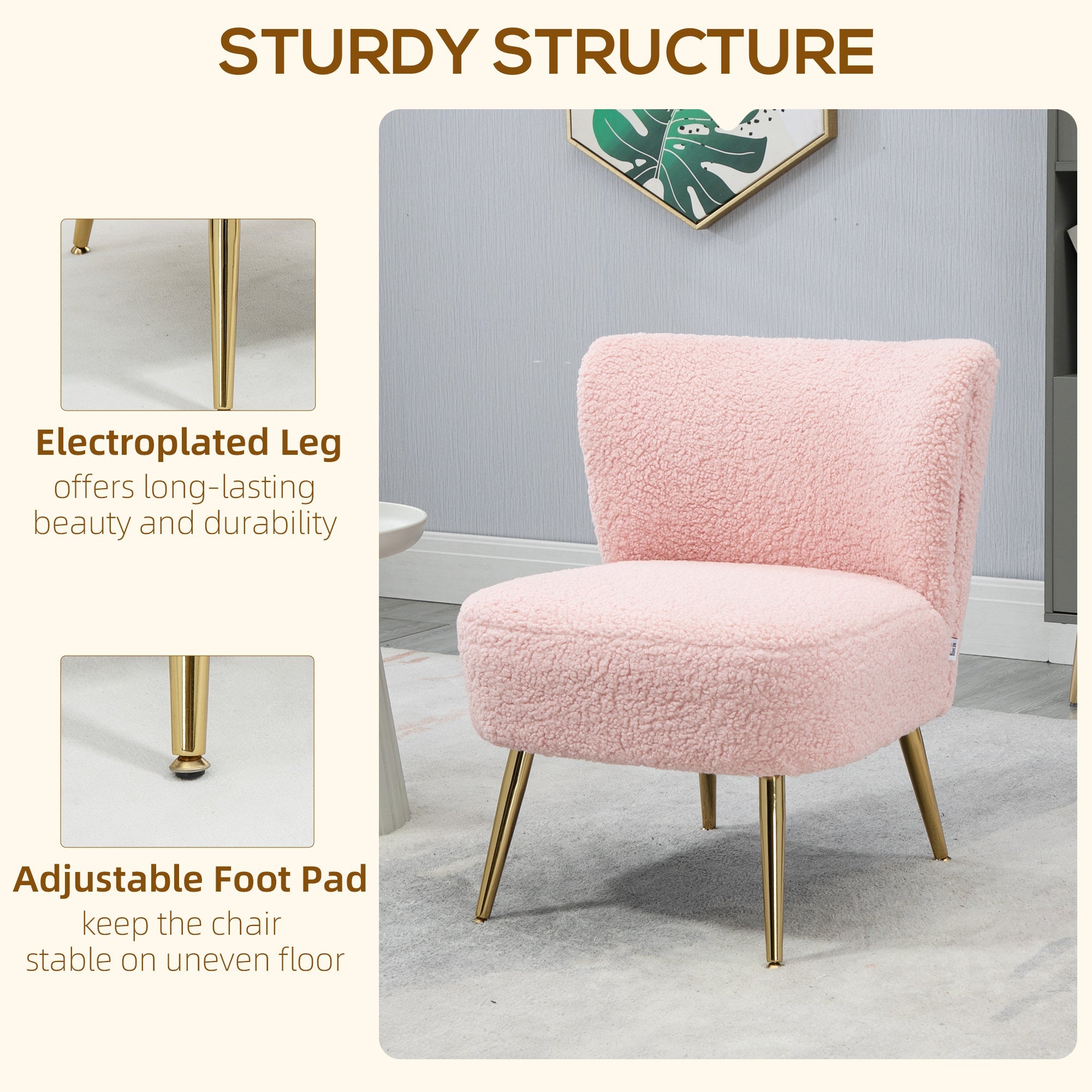 HOMCOM Chic Comfort: Soft Upholstered Lounge Chair with Gold Legs, Pink Hue for Bedroom Seating