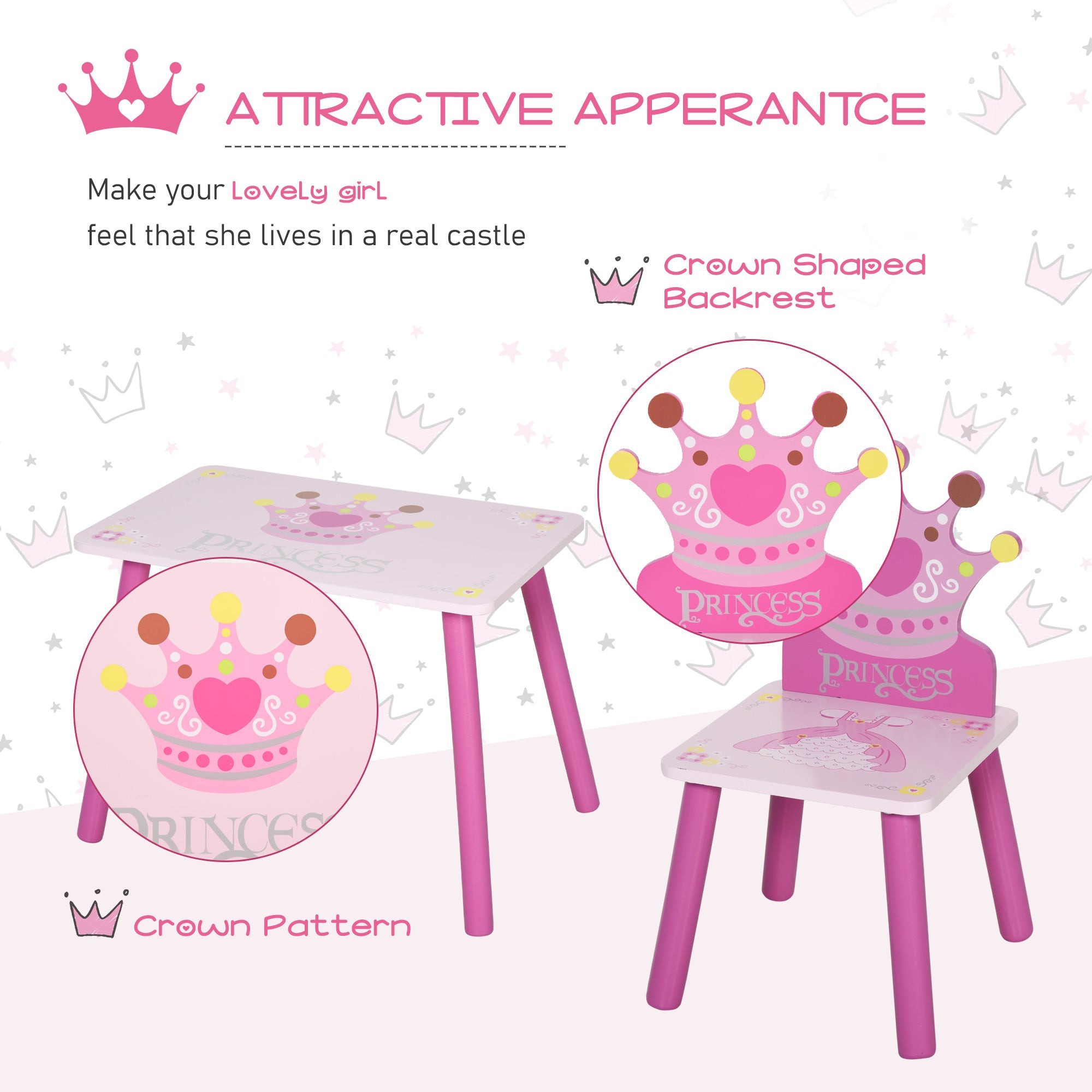 Qaba Petite Princess: 3-Piece Wooden Table and Chair Set with Crown Pattern, Pink Finish for Girls