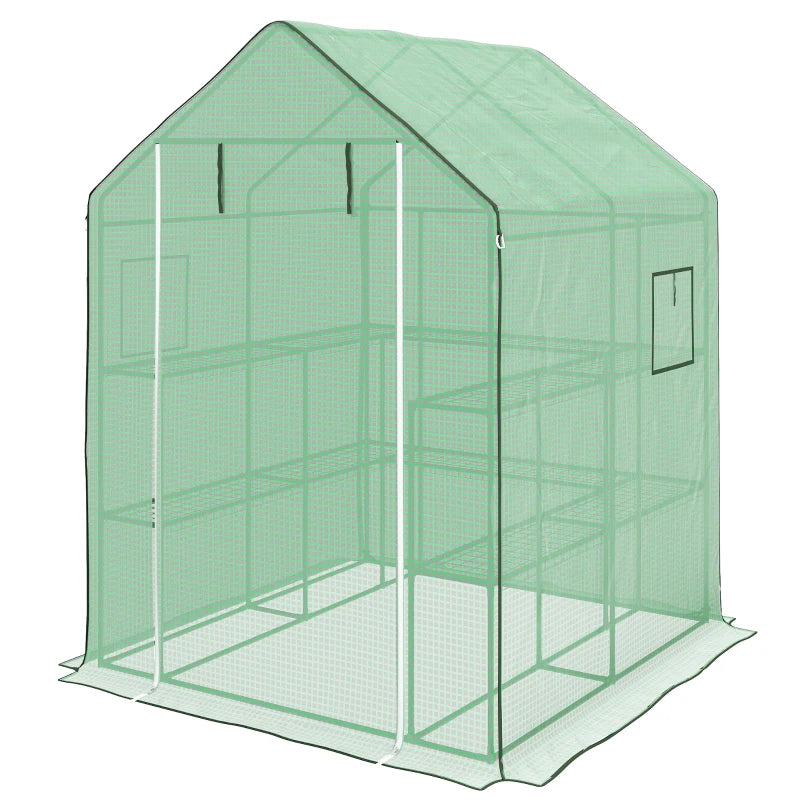 Portable Greenhouse, Walk-In Small Outdoor Green House with 2 Tier U-Shaped Flower Rack Shelves, 4.6' x 4.7', Green
