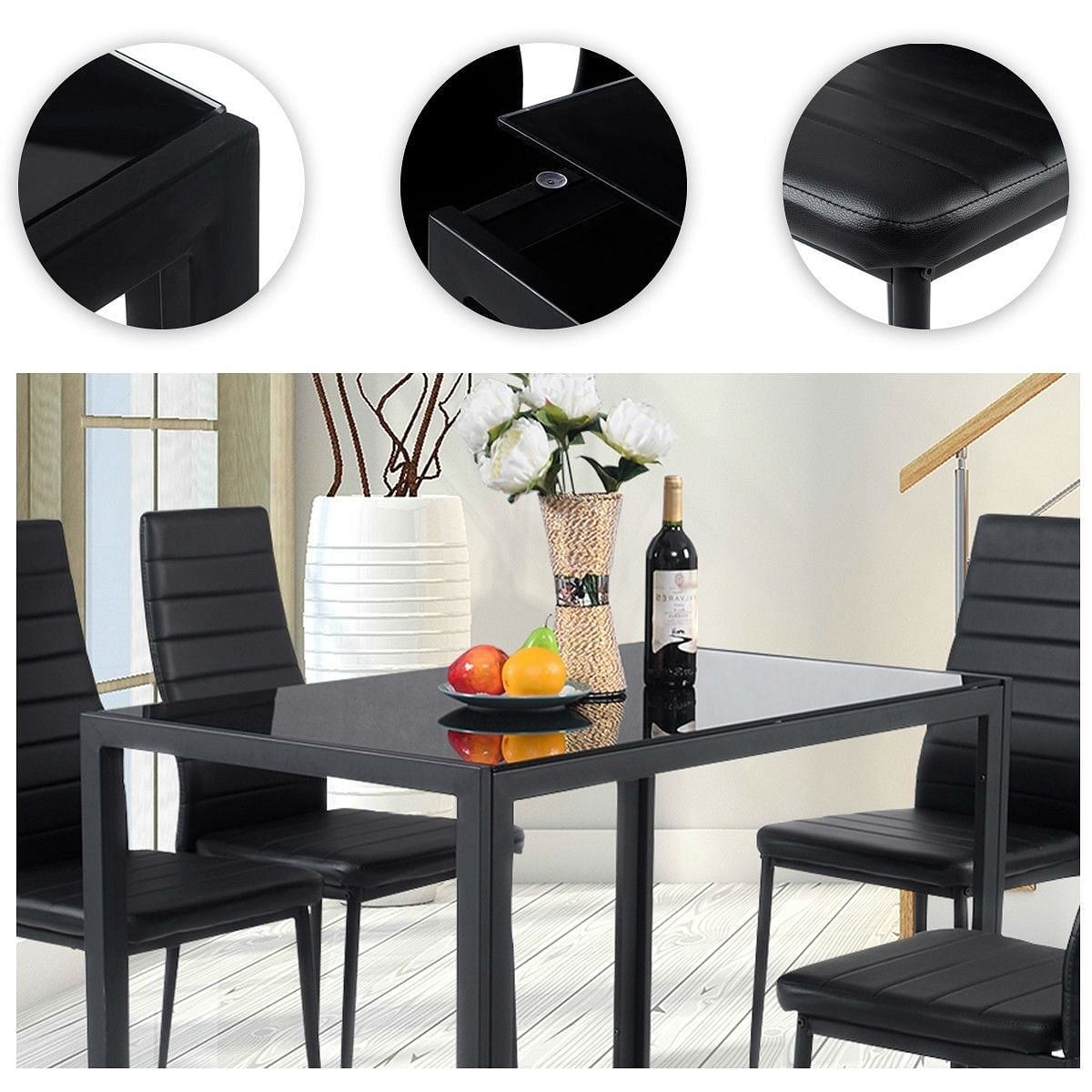 5 Piece Black Glass Tabletop Dining Set With Soft Leather Chairs - Free Shipping