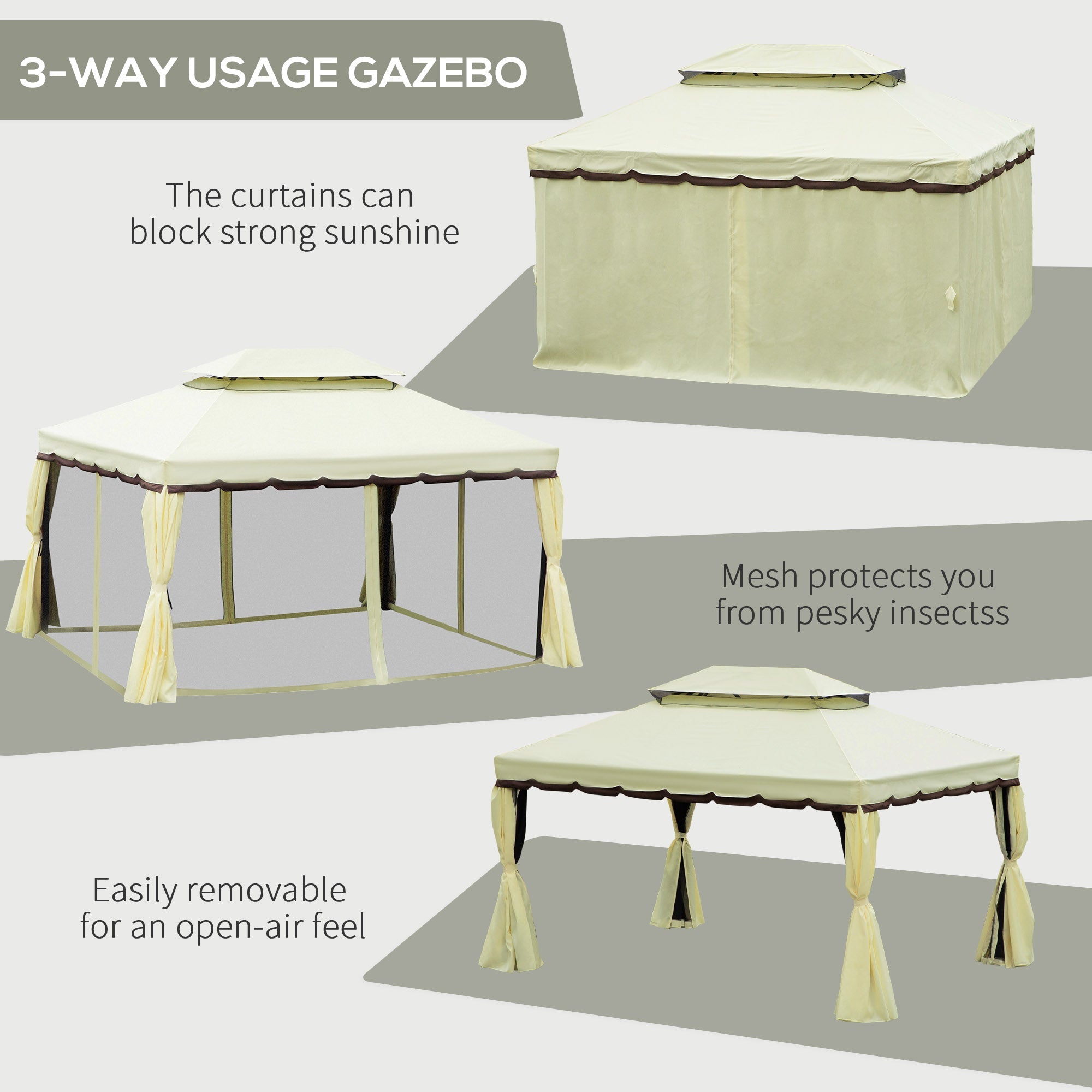 Outsunny 10'x13' Soft-top Aluminum Gazebo Desk Canopy Double Tier Garden Shelter with Netting and Curtains, Beige