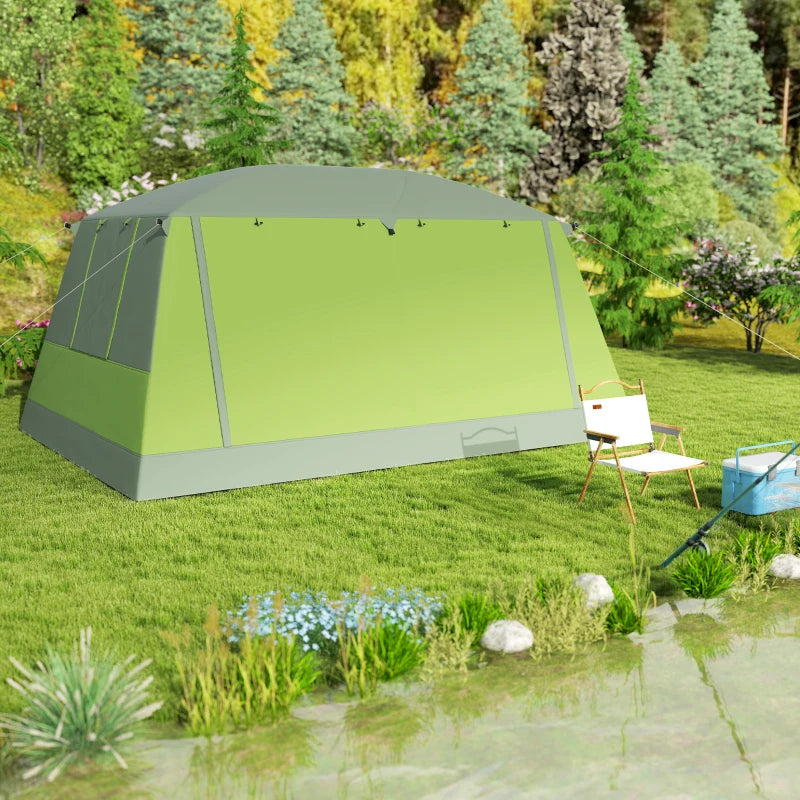 Tunnel Tent Camping Shelter w/ Porch, Two Rooms, Lamp Hook, Portable Carry Bag, Green