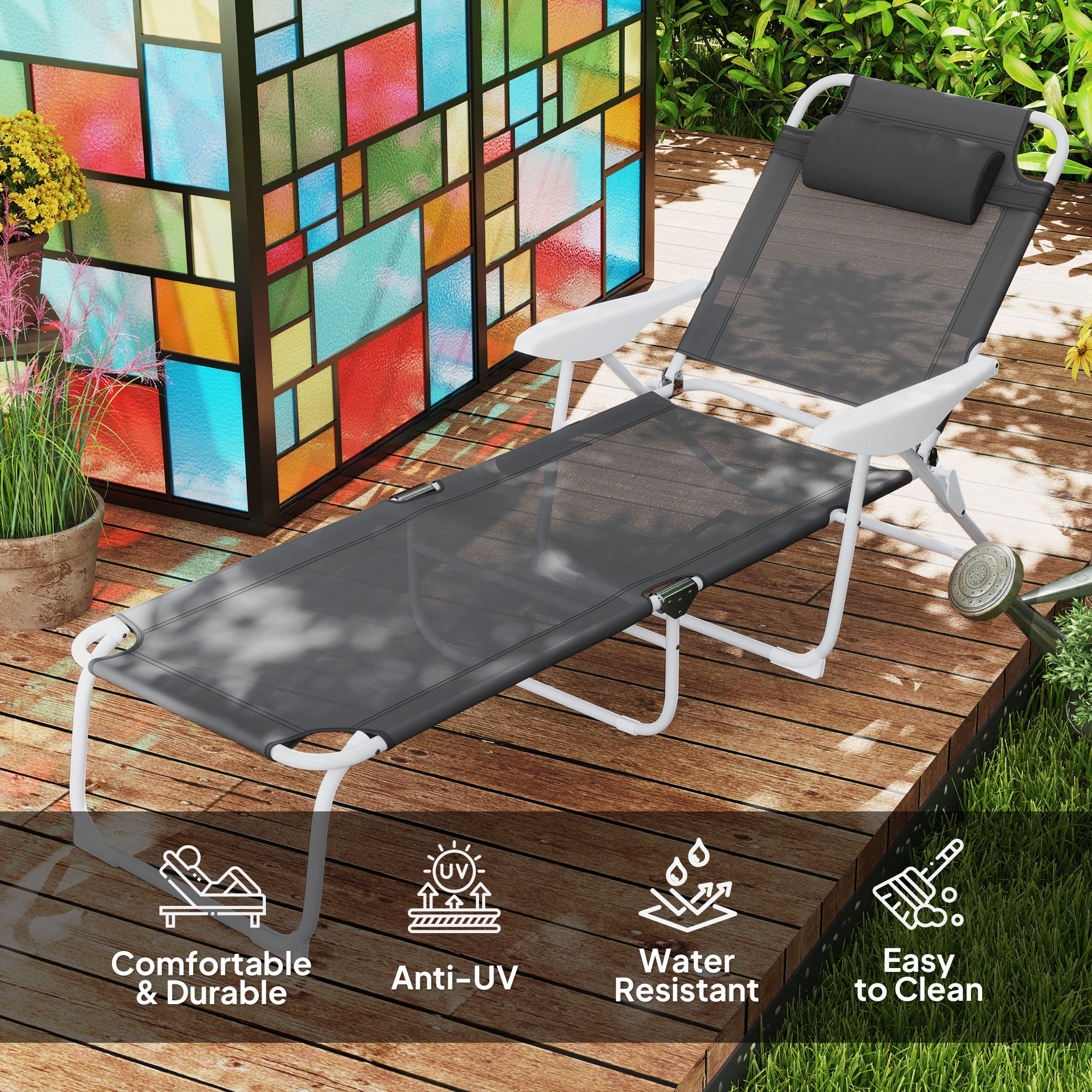 Outsunny Outdoor Sun Lounger, Folding Chaise Lounge with 4-level Adjustable Backrest, Charcoal Grey