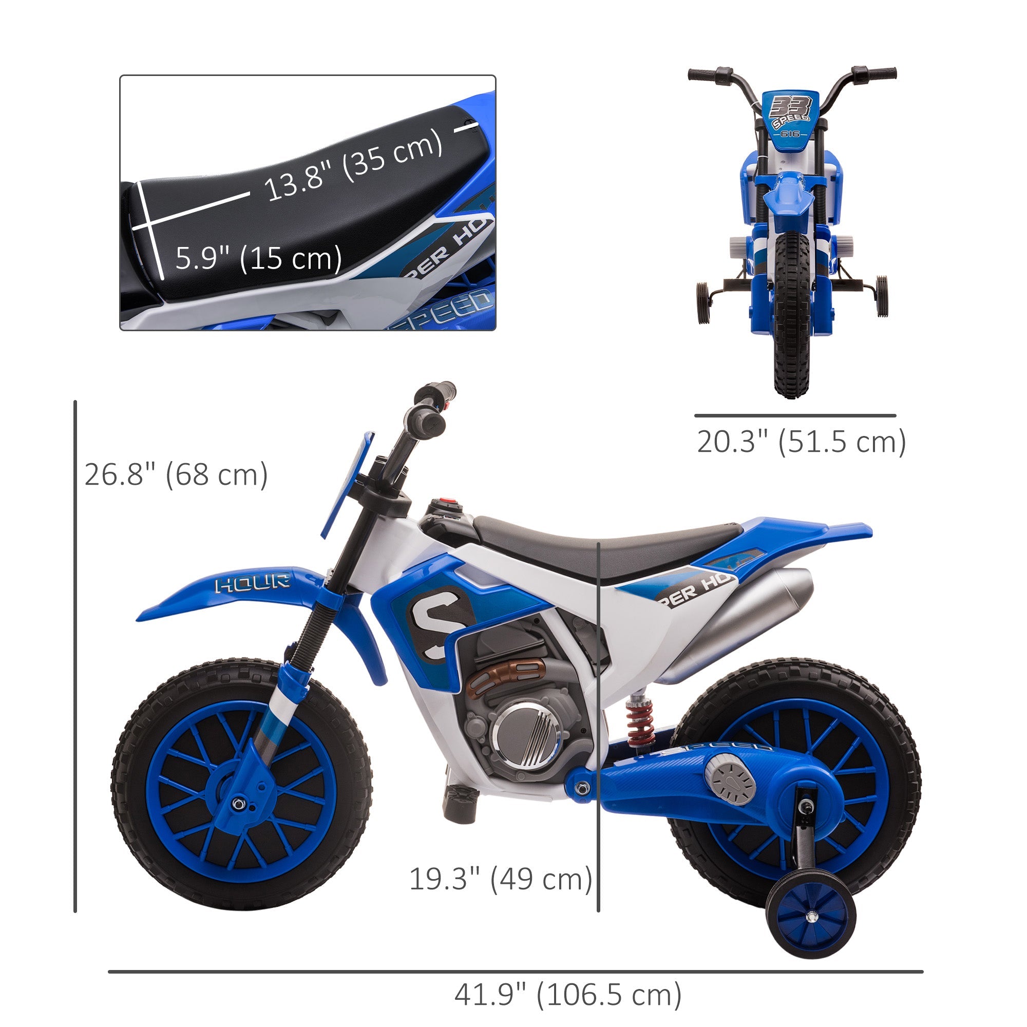 Aosom Kids Dirt Bike Electric Ride-On Motorcycle 12V Battery with Charging Training Wheels Blue