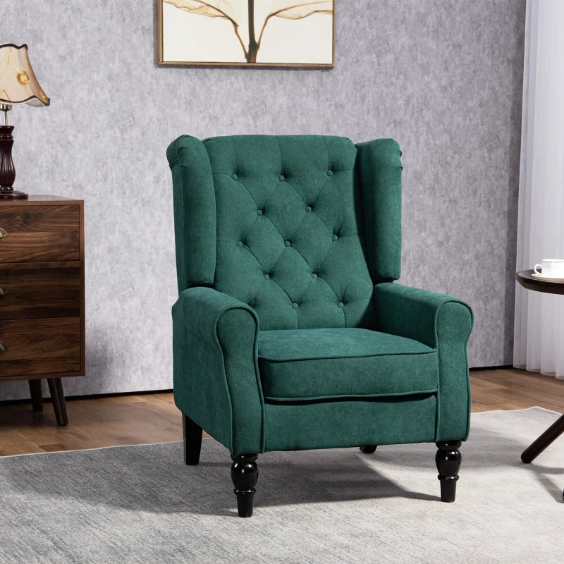 Fabric Accent Chair, Button Tufted Armchair, Armchair with Wood Legs, Thick Padding for Bedroom Dark Green