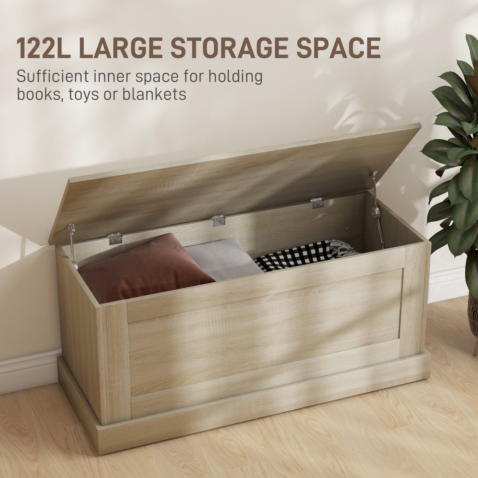 HOMCOM 39.4 Inches Storage Chest, Storage Trunk with Safety Hinge, Wooden Toy Box for Living Room, Natural Wood Grain