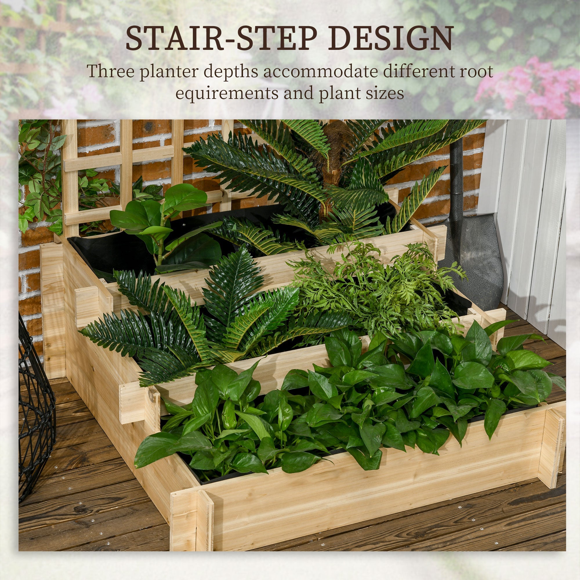 Outsunny Wooden Elevated Garden Bed with Trellis - 3 Tier Planter Box for Climbing Plants, Outdoor Use, Natural Finish