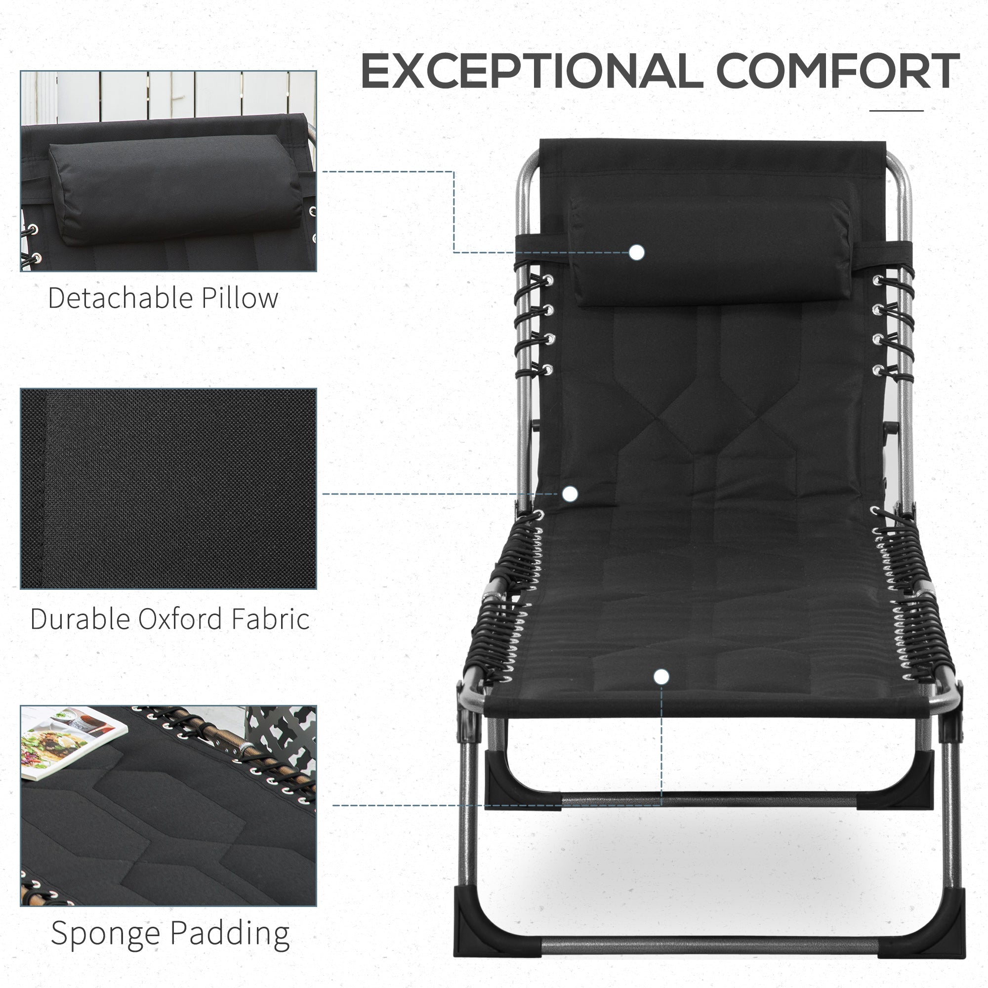 Outsunny Patio Folding Chaise Lounge Chair Outdoor Padded Tanning Recliner 5-Position Adjustable Black