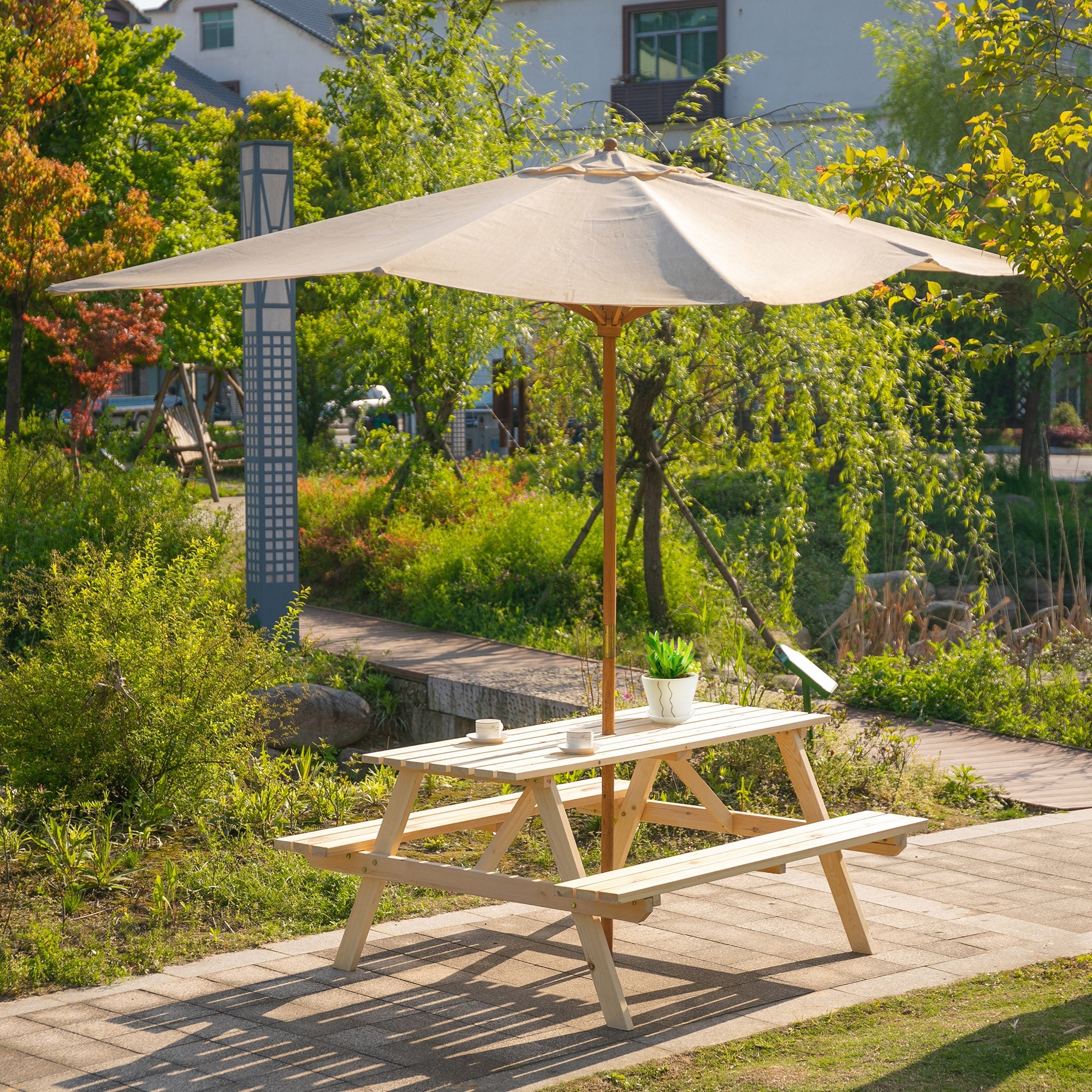 Outsunny Wood Picnic Table, Camping Table and Bench Set with Umbrella Hole for Outdoor, Garden, Patio, Backyard, Natural