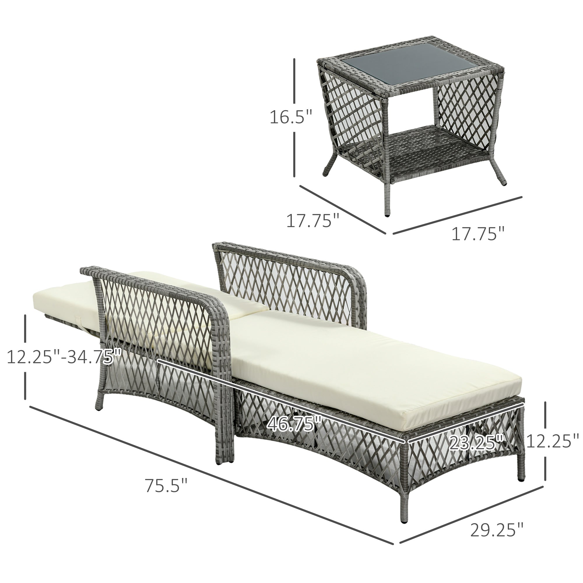 Outsunny Rattan Sun Lounger Set 2PC Deluxe Outdoor Recliner PE Wicker Patio Garden Chaise Cream White
