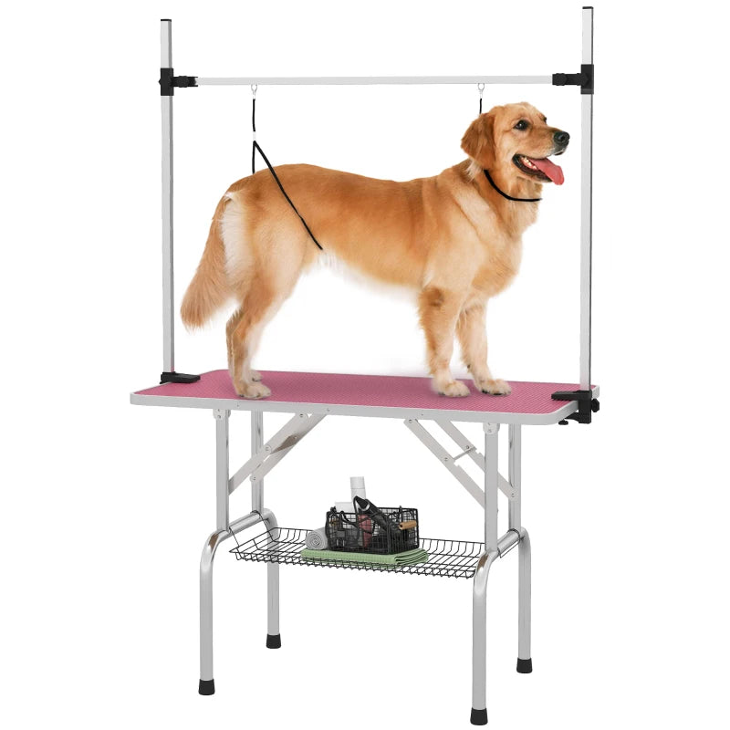 Adjustable Dog Grooming Table with 2 Safety Slings, Storage Basket, Pink