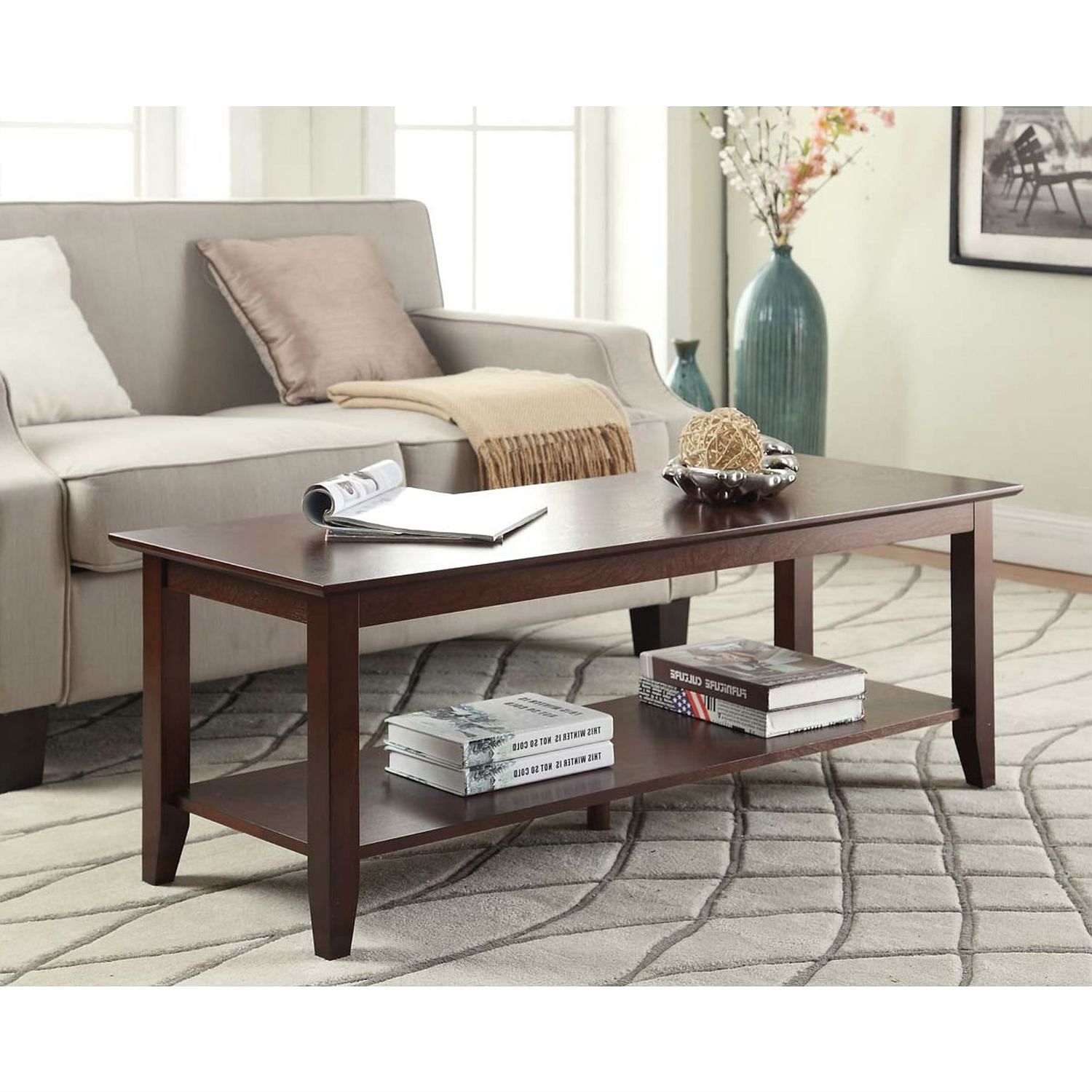 Espresso Wood Grain Coffee Table with Bottom Shelf - Free Shipping
