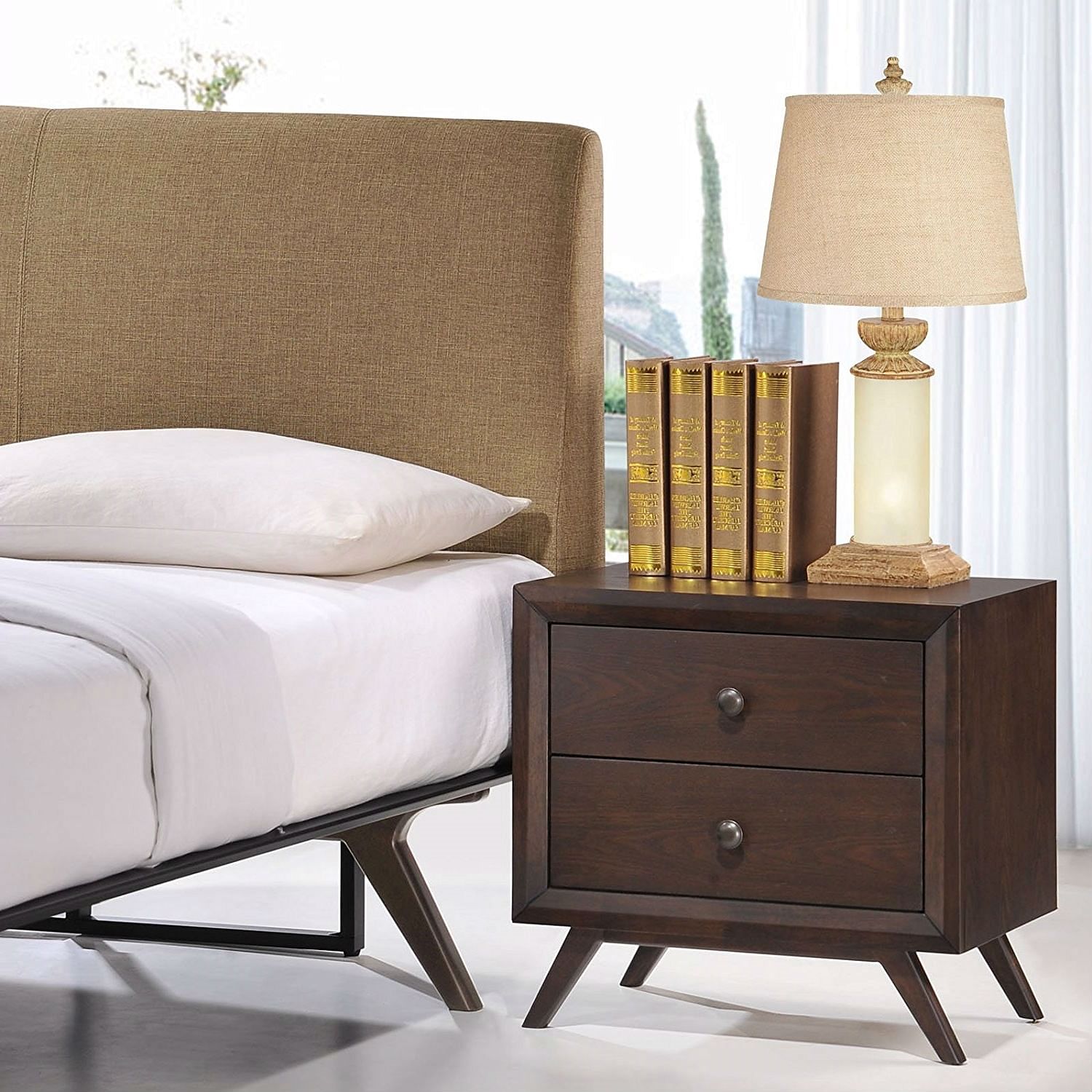 Mid-Century Modern Style End Table Nightstand in Cappuccino Wood Finish - Free Shipping