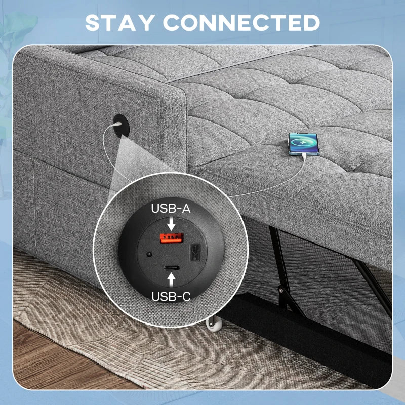 Pull Out Sofa Bed, Sleeper Sofa Couch with USB Ports, Small Linen Loveseat Futon Couch for Living Room, Grey