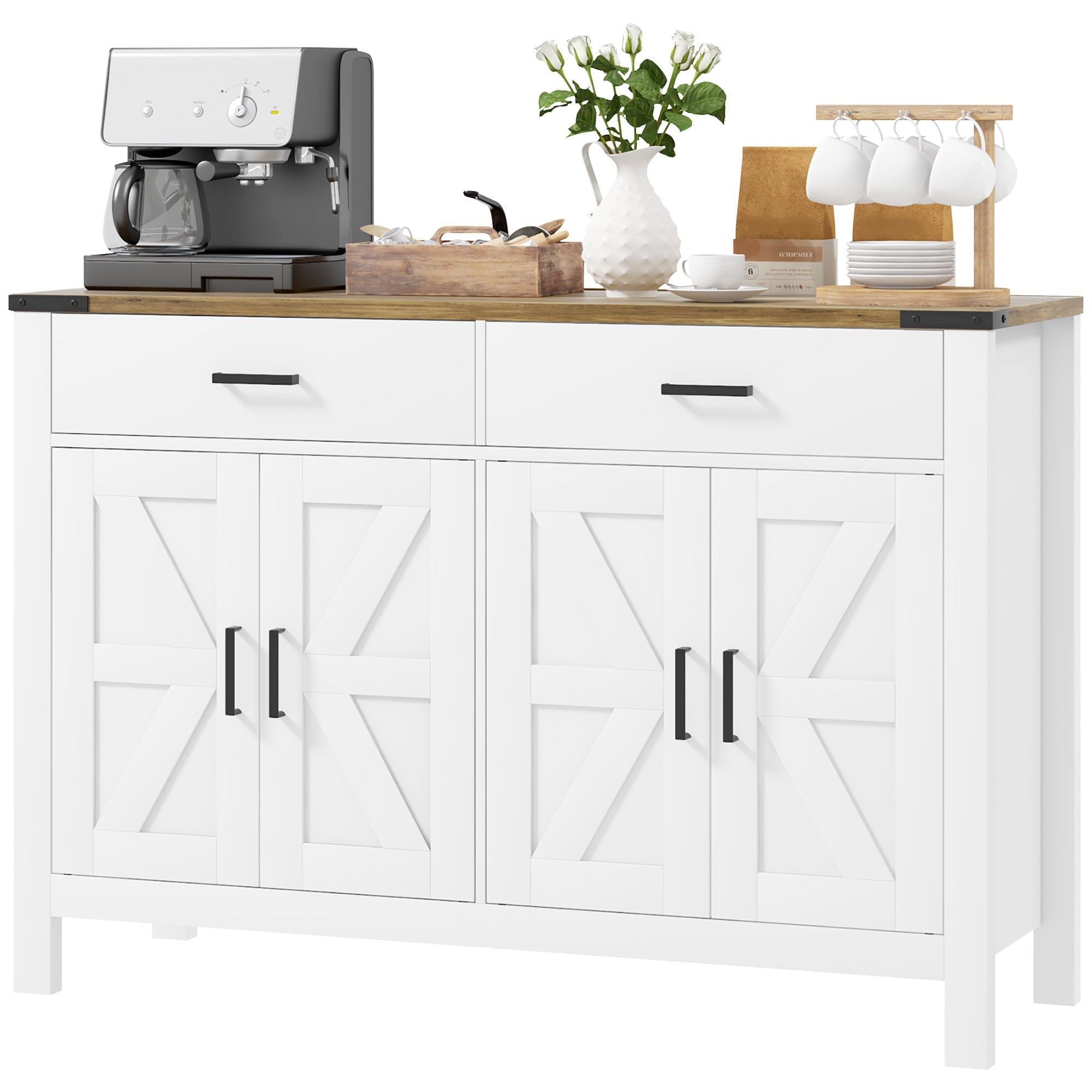 HOMCOM Farmhouse Buffet Cabinet Sideboard with 2 Drawers, 2 Storage Cabinets and Adjustable Shelves, White