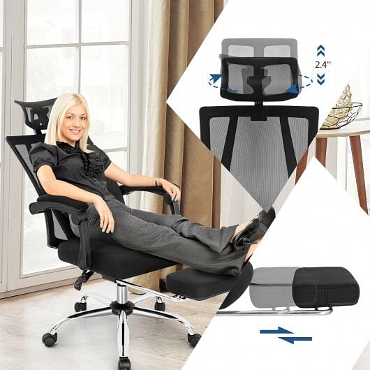 Ergonomic Recliner Mesh Office Chair with Adjustable Footrest-Black - Free Shipping