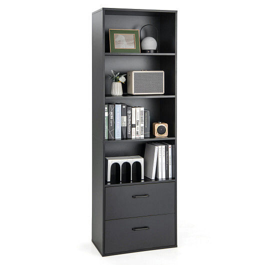 6-Tier Tall Freestanding Bookshelf with 4 Open Shelves and 2 Drawers-Black - Free Shipping