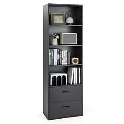 6-Tier Tall Freestanding Bookshelf with 4 Open Shelves and 2 Drawers-Black - Free Shipping