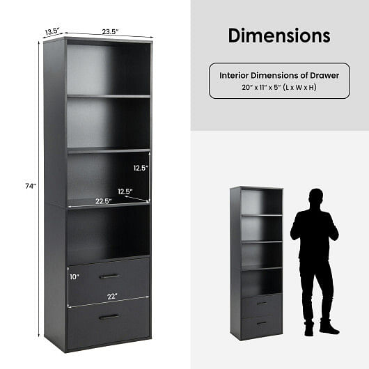 6-Tier Tall Freestanding Bookshelf with 4 Open Shelves and 2 Drawers-Black - Free Shipping