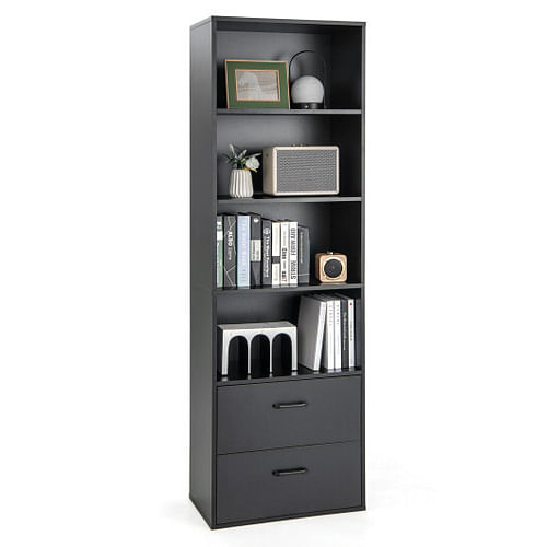 6-Tier Tall Freestanding Bookshelf with 4 Open Shelves and 2 Drawers-Black - Free Shipping