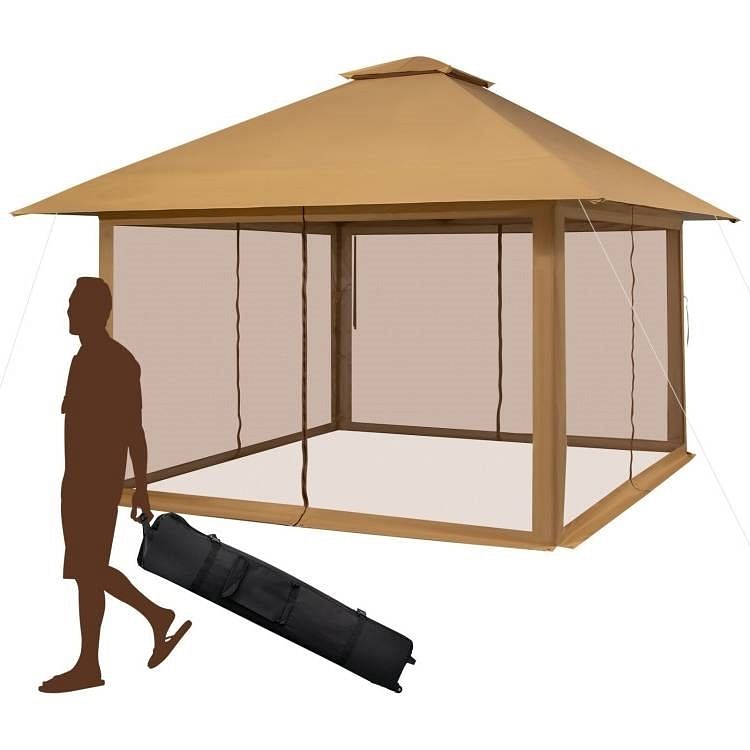 Brown 13 x 13 Ft Pop-Up Gazebo Outdoor Canopy w/ Mesh Mosquito Netting Sidewalls - Free Shipping