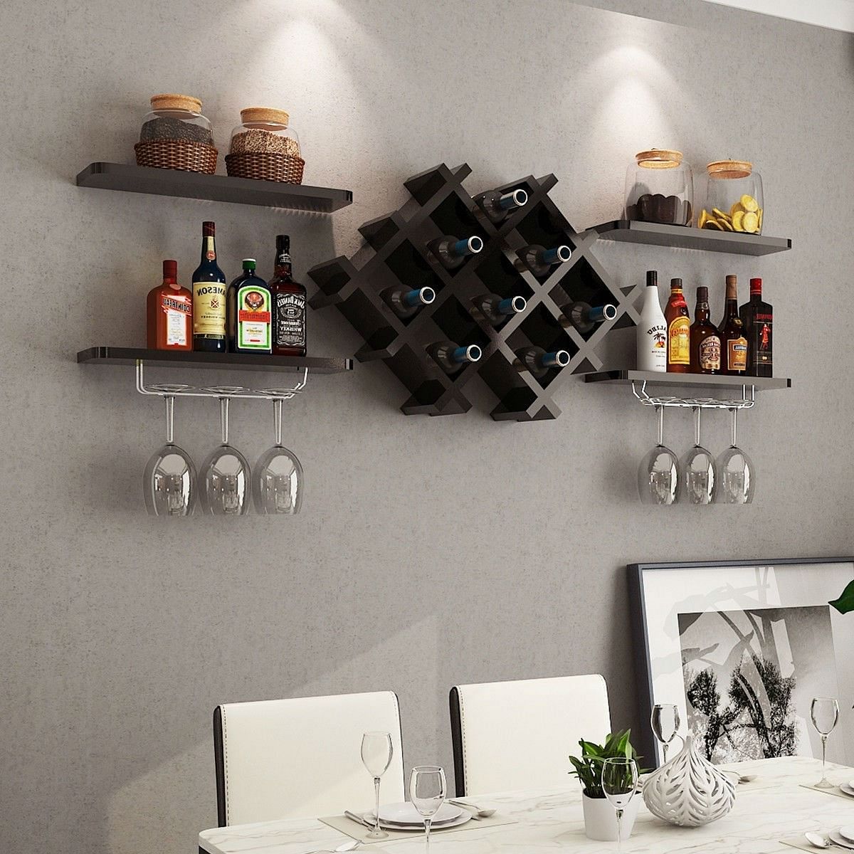 Black 5 Piece Wall Mounted Wine Rack Set with Storage Shelves - Free Shipping