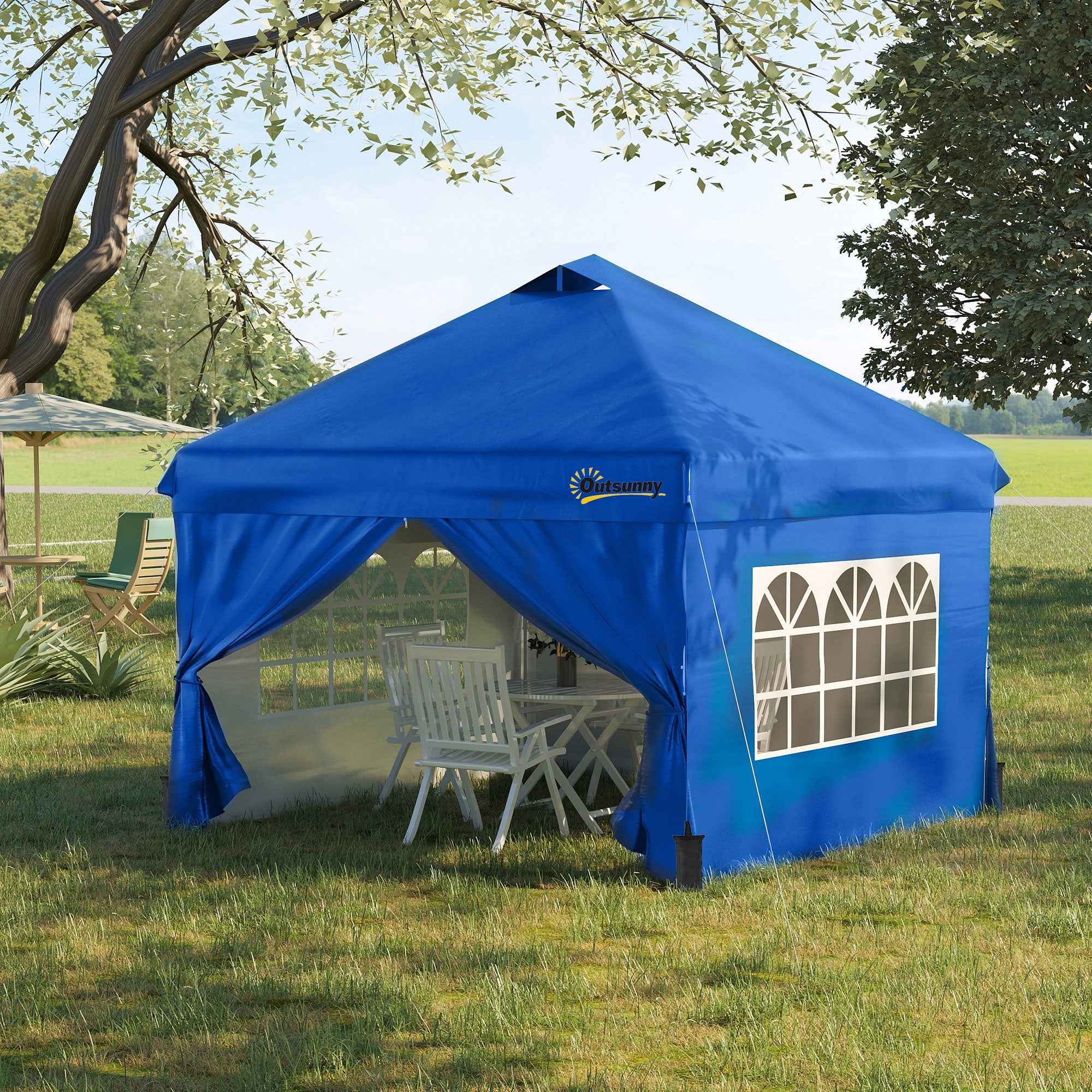 Outsunny 10' x 10' Pop Up Canopy Tent, Instant Shelter Tent with Sidewalls, Windows, Roller Bag and Sand Bags for Garden, Patio, Blue