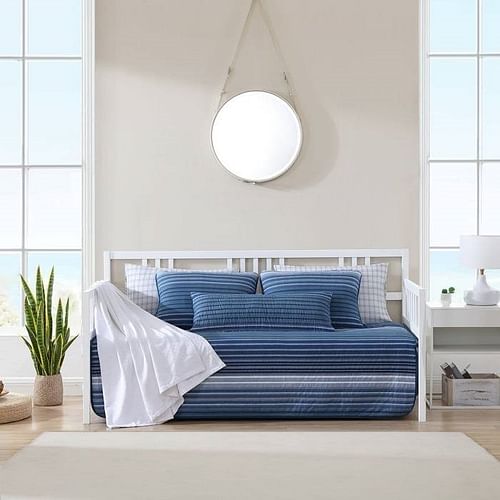 4 Piece Coastal Blue Navy White Stripes Cotton Daybed Cover Bedding Set - Free Shipping