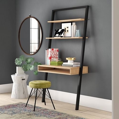 Farmhouse Rustic Oak Black Leaning Ladder Writing Desk 2 Shelves - Free Shipping