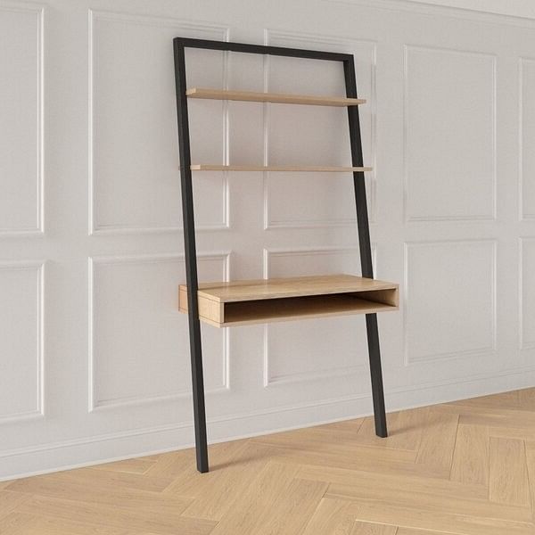 Farmhouse Rustic Oak Black Leaning Ladder Writing Desk 2 Shelves - Free Shipping