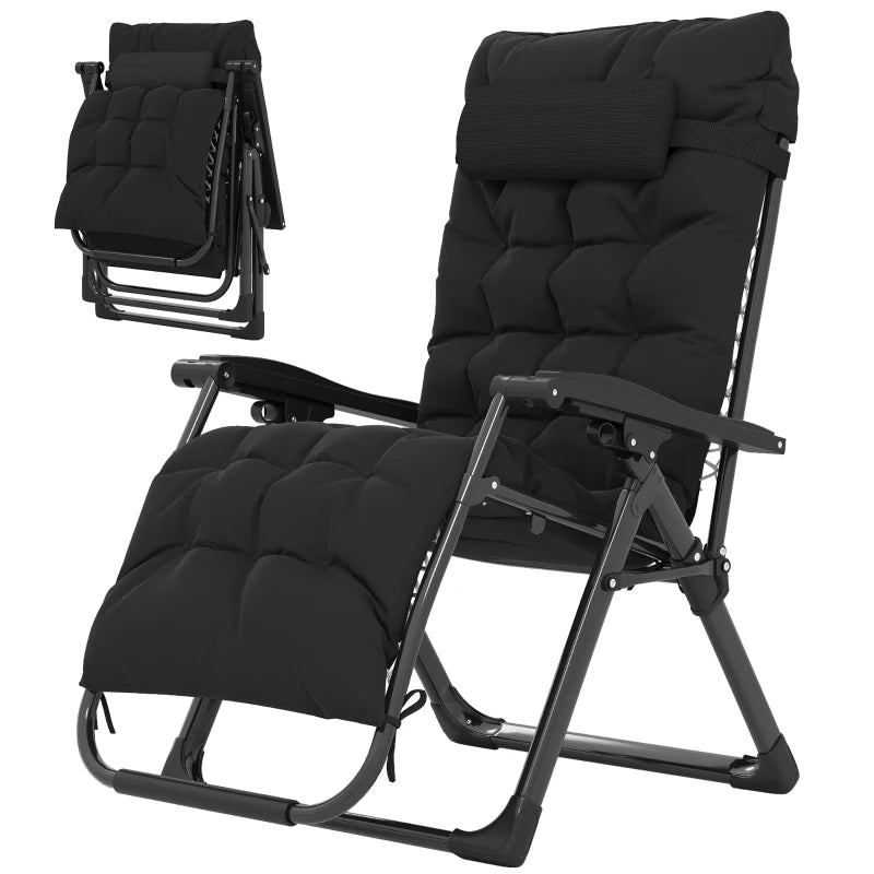 Folding Garden Chair, Reclining Zero Gravity Chair, Sun Lounger with Cushion and Headrest, Black