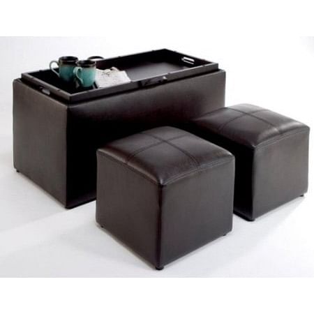 Faux Leather Storage Bench Coffee Table with 2 Side Ottomans - Free Shipping