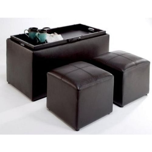 Faux Leather Storage Bench Coffee Table with 2 Side Ottomans - Free Shipping
