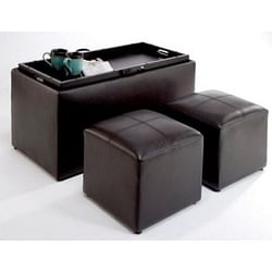 Faux Leather Storage Bench Coffee Table with 2 Side Ottomans - Free Shipping