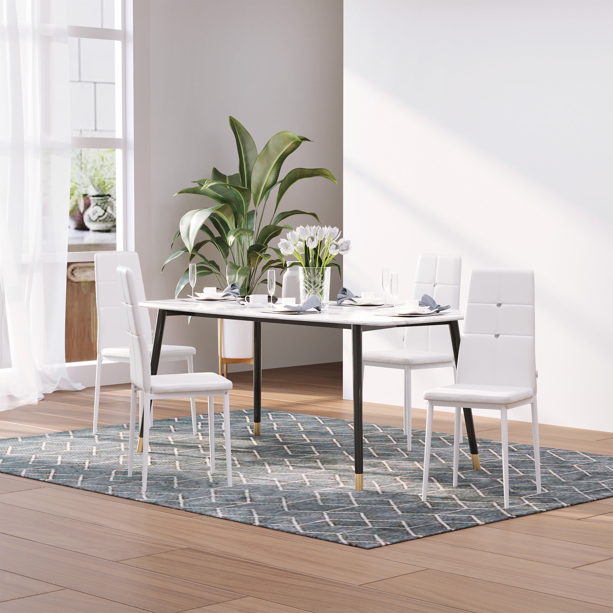 HOMCOM Set of 4 Modern Dining Chairs White Faux Leather Upholstered with Button Tufted Back Metal Legs