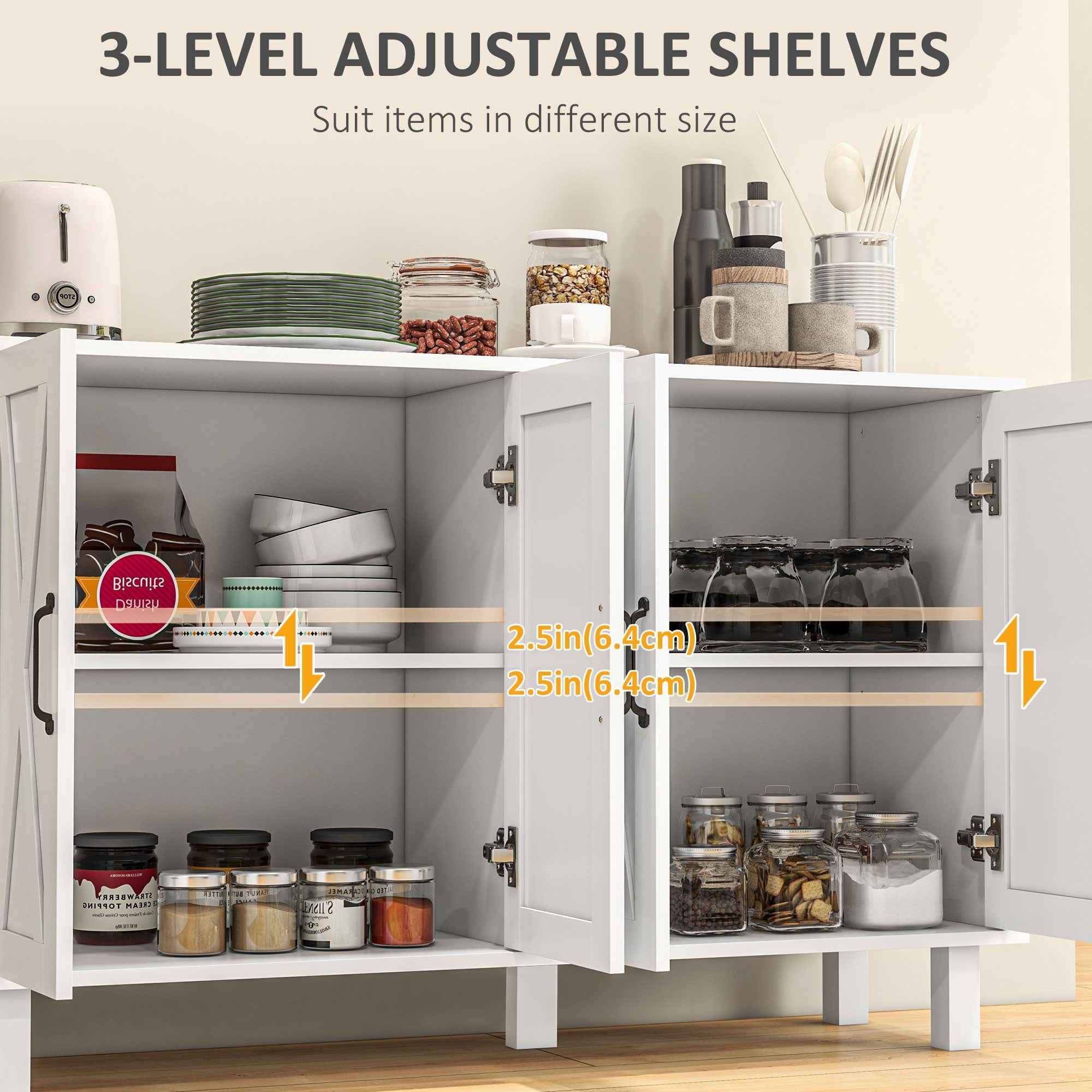 HOMCOM White 4-Door Buffet Table: Kitchen Sideboard Bar Cabinet with Barn Doors and 2 Adjustable Shelves for Living Room, Hallway