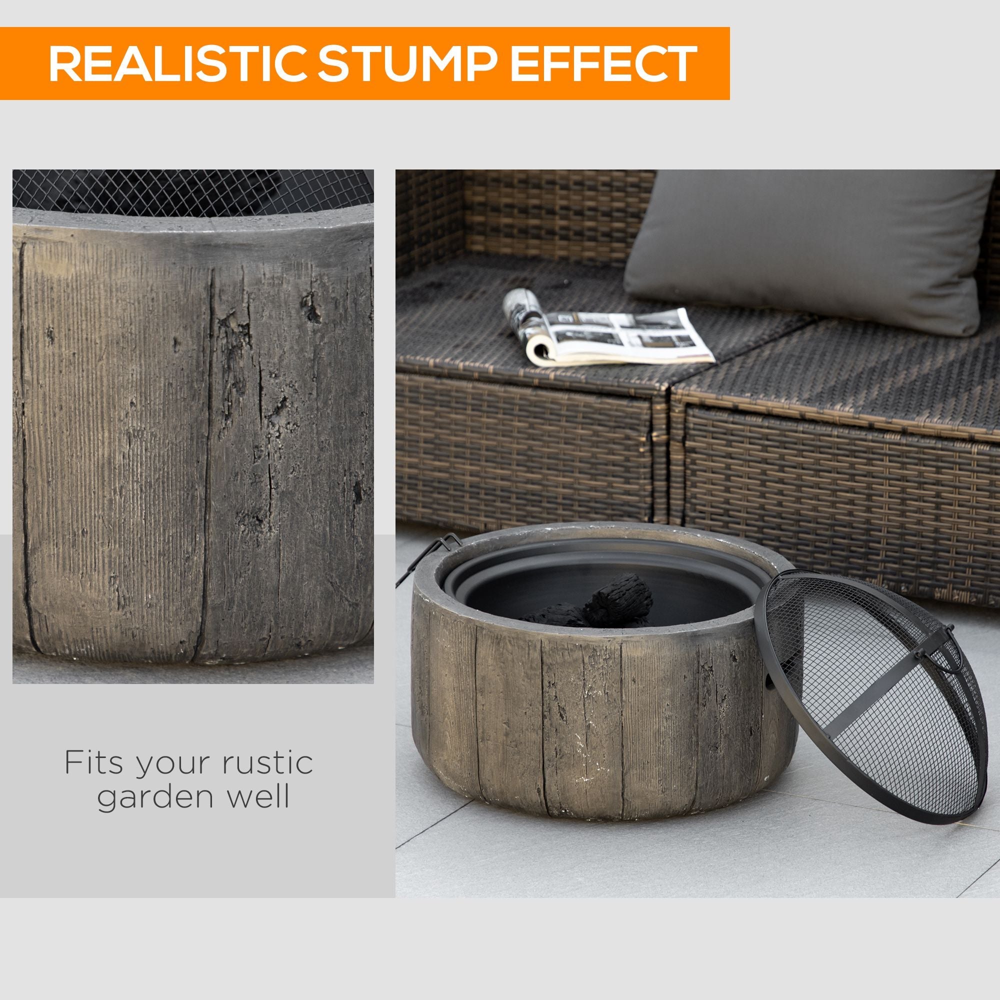 Outsunny 18" Metal Outdoor Fire Pit with Spark Cover, Poker Wood Burning Fire Bowl with Side Handles for Patio, Picnic, Dark Brown